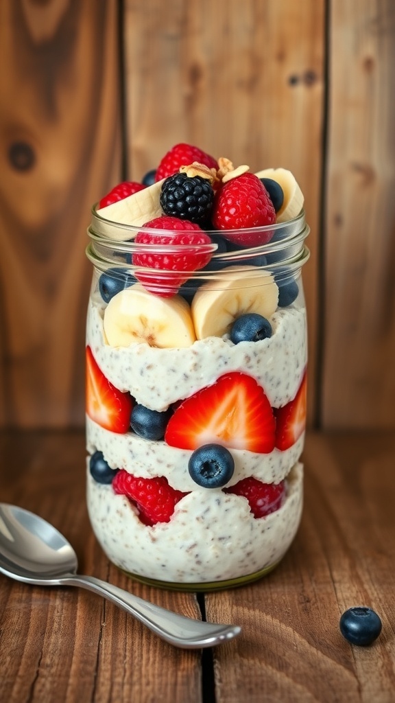 A jar of overnight oats topped with berries and nuts, on a wooden table.